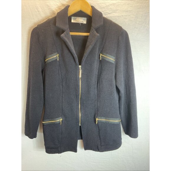 ST JOHN Collection Dark Navy Santana Knit‎ Zip Up Sweater Jacket Size 6 Cardigan - Picture 1 of 9